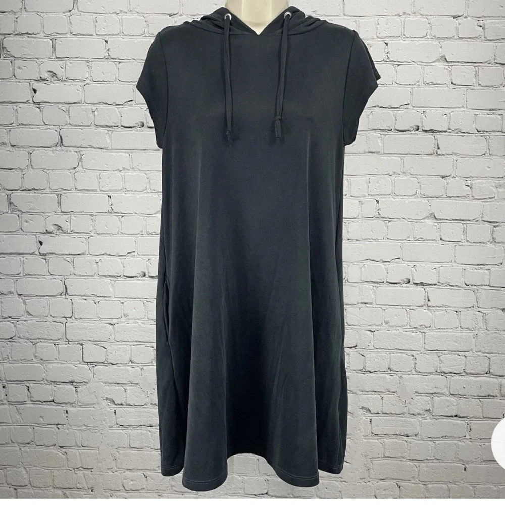 Elan Soft Black Dress Hooded Cap Sleeve Pull Over Pockets USA Made - Picture 2 of 12